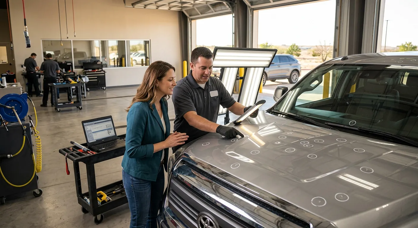 Customer and technician inspecting hail dents during an insurance-supported repair consultation in Lubbock, TX